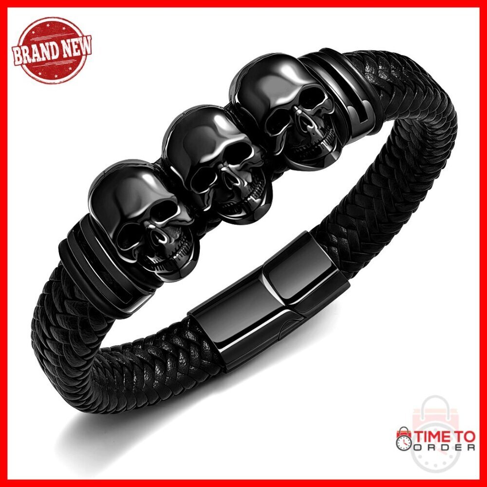 Stainless Steel Braided Leather Cuff Bracelet Adjustable Skull Design